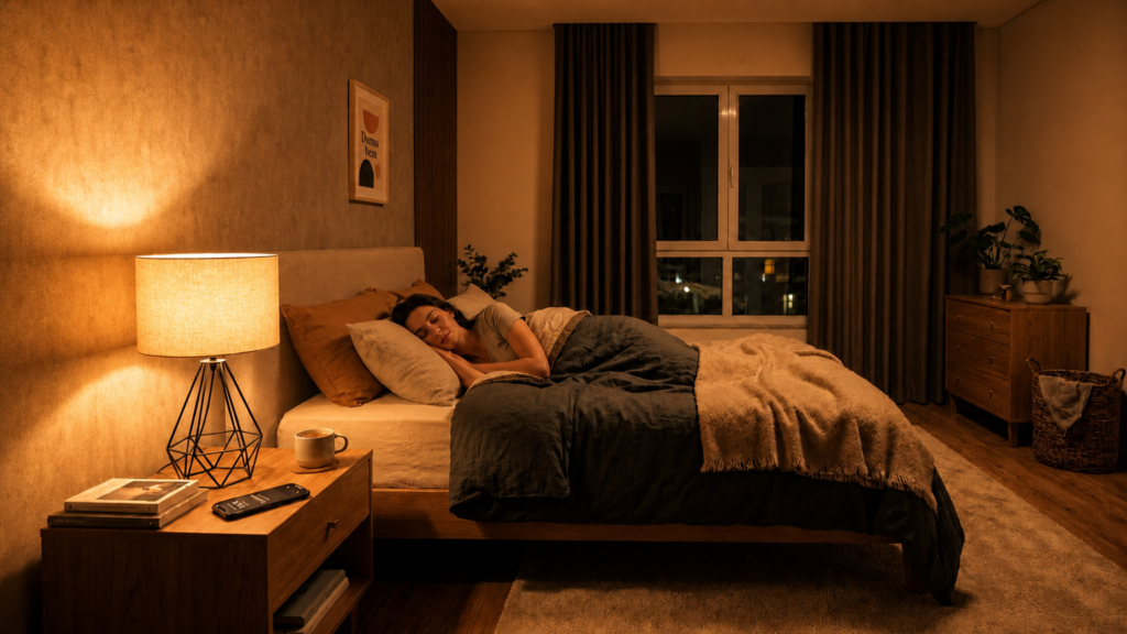 mulher dormindo tranquilamente com lâmpada inteligente emitindo luz âmbar quente no quarto
