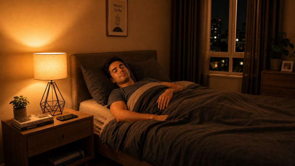 homem dormindo em paz com a luz âmbar quente da lâmpada inteligente para dormir melhor