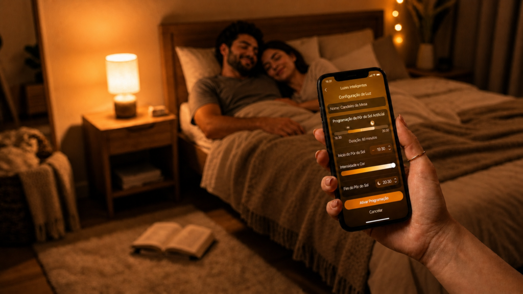 casal relaxando na cama com aplicativo de controle da lâmpada inteligente com luz âmbar quente