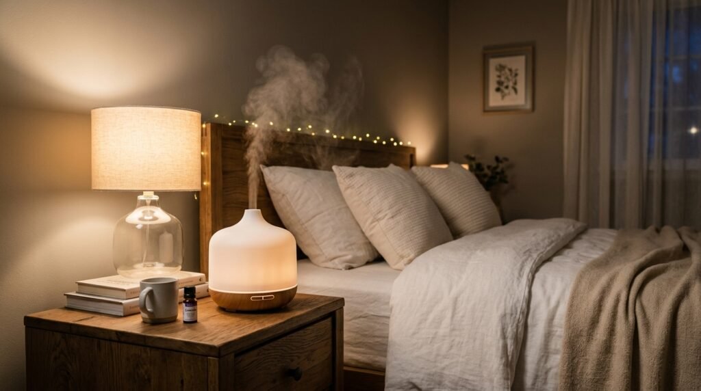 Difusor de óleos essenciais para relaxar o ambiente em quarto com iluminação suave