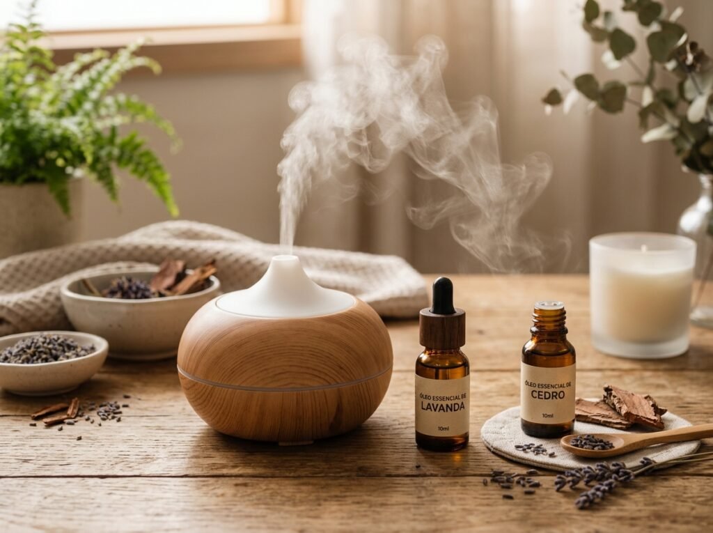 Frascos de óleos essenciais de lavanda e cedro ao lado do difusor de aromaterapia