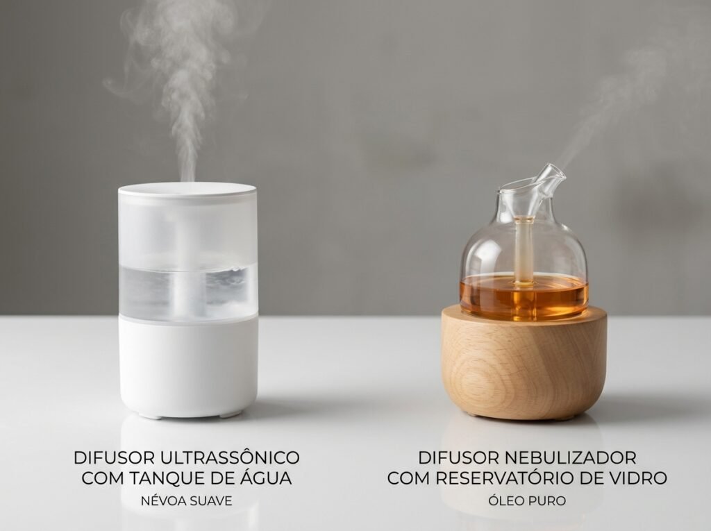 Difusor ultrassônico vs nebulizador de óleos essenciais lado a lado para comparar