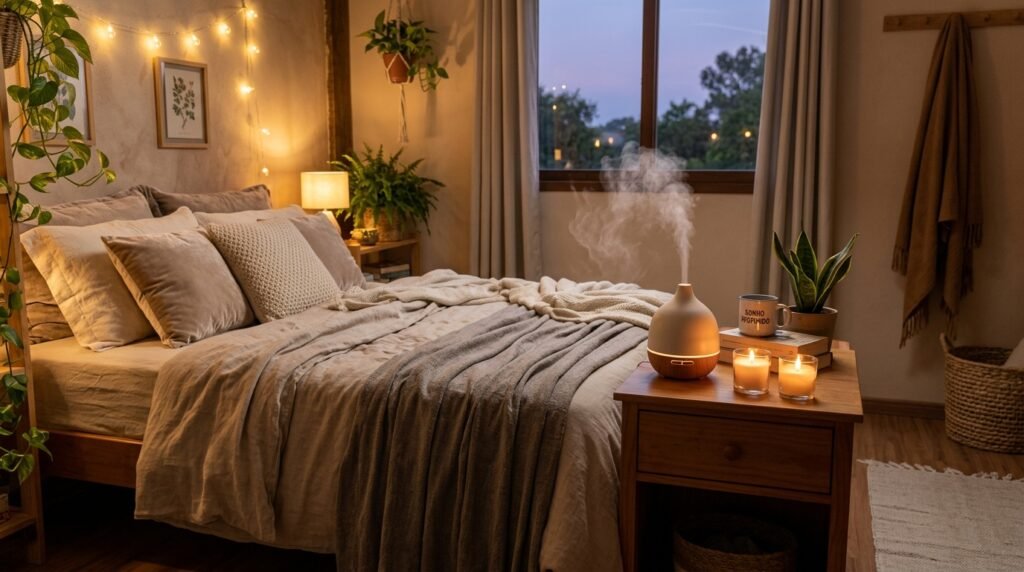 Difusor de óleos essenciais para relaxar o ambiente emitindo névoa em quarto acolhedor