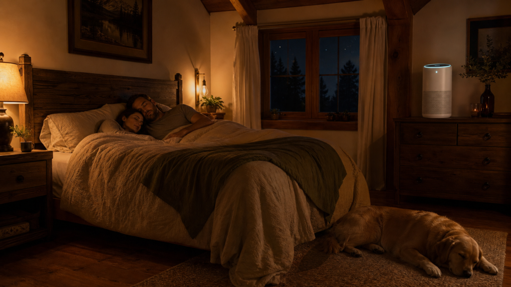 Respiração noturna tranquila: casal dormindo em quarto rústico com purificador de ar e cachorro no pé da cama