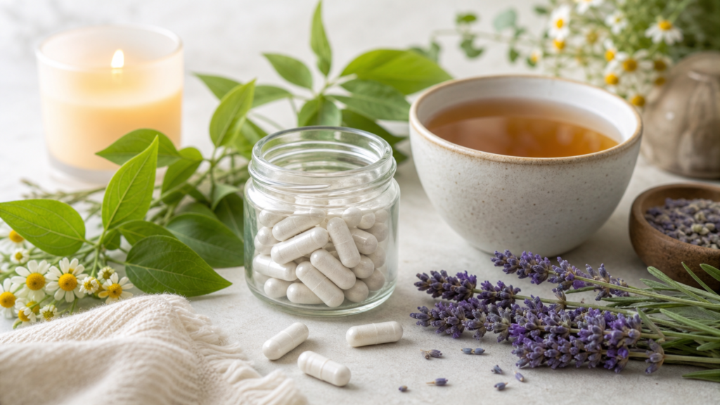 Suplementos naturais para ansiedade e insônia: magnésio, L-teanina e 5-HTP com chá verde e lavanda