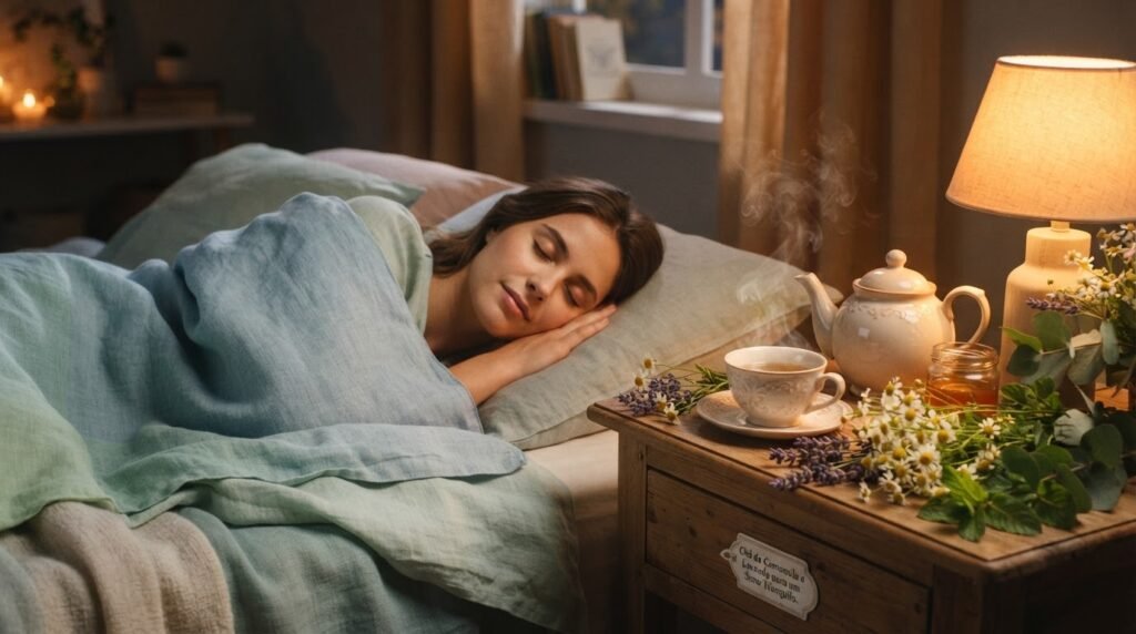 Mulher dormindo tranquilamente ao lado de uma xícara de chá de camomila fumegante na cabeceira — um dos melhores chás para dormir a noite toda.