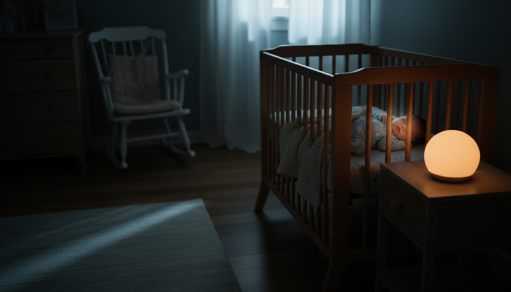Bebê dormindo profundamente no berço com aparelho de ruído branco no quarto escuro, dormindo a noite toda sem acordar