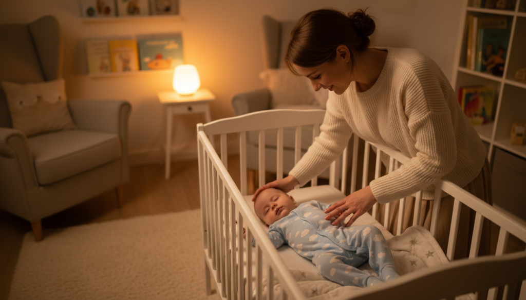 Mãe colocando o bebê para dormir no berço à noite com luz suave, seguindo uma rotina para o bebê dormir a noite toda