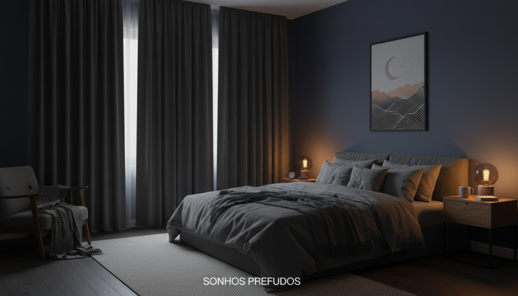 quarto escuro e aconchegante criado para dormir melhor com ansiedade e mente acelerada