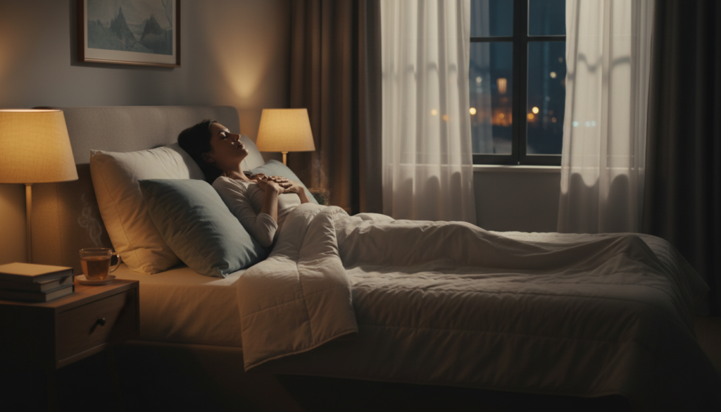 pessoa ansiosa praticando respiração profunda na cama para dormir melhor com ansiedade